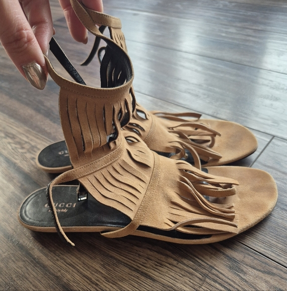 Gucci Brown Tan Leather Fringe Sandals 38 - Picture 1 of 4